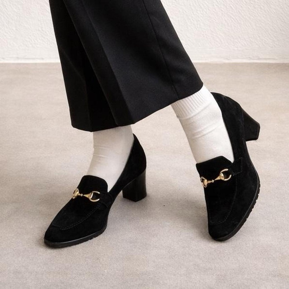 Saks Fifth Avenue Black Suede Loafers with Gold Horsebit
